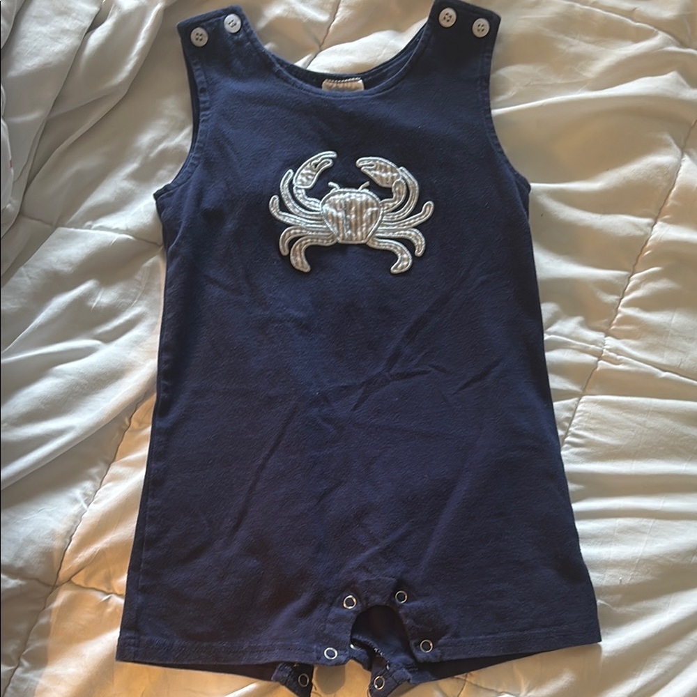 Stitchy Fish Navy Blue Romper with Crab Design